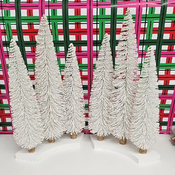 Two Sets of Three Decorative Holiday White Pine Trees on Wood Blocks Festive - Picture 1 of 7